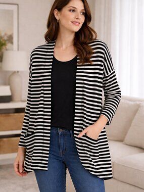 Women's Striped Cardigan T by Talbots Petite Medium Black White Open Front